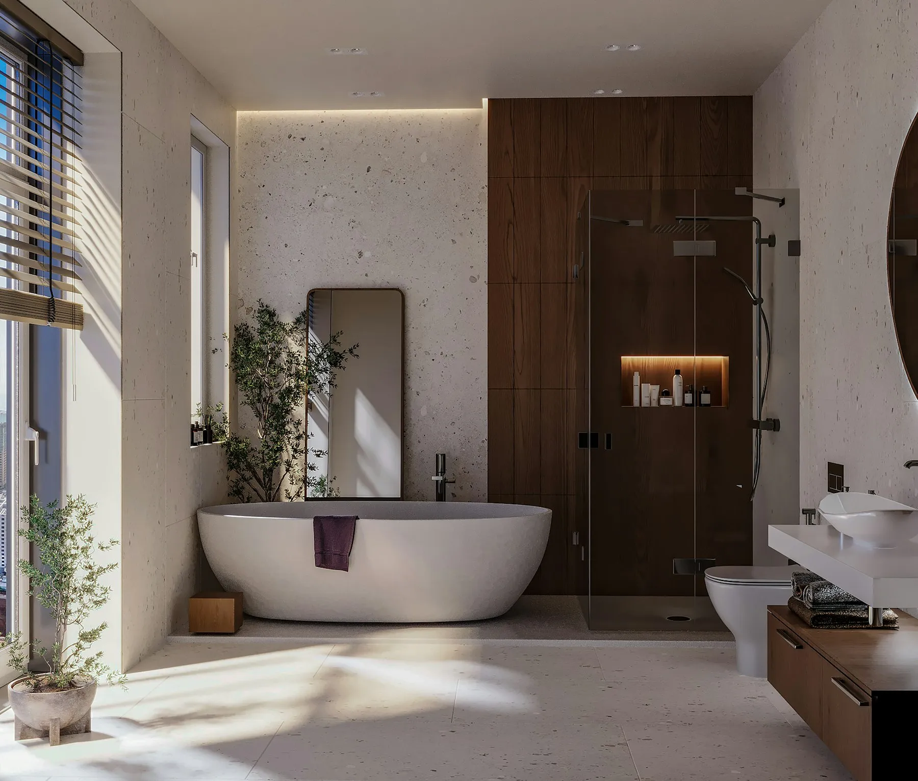 Modernes Badezimmer mit freistehender Wanne und Walk-in-Dusche (Stimmungsbild)